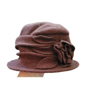 Women's Wool Cloche Hat With Floral Design Brown Vintage-Style Uban CoCo  jj3582